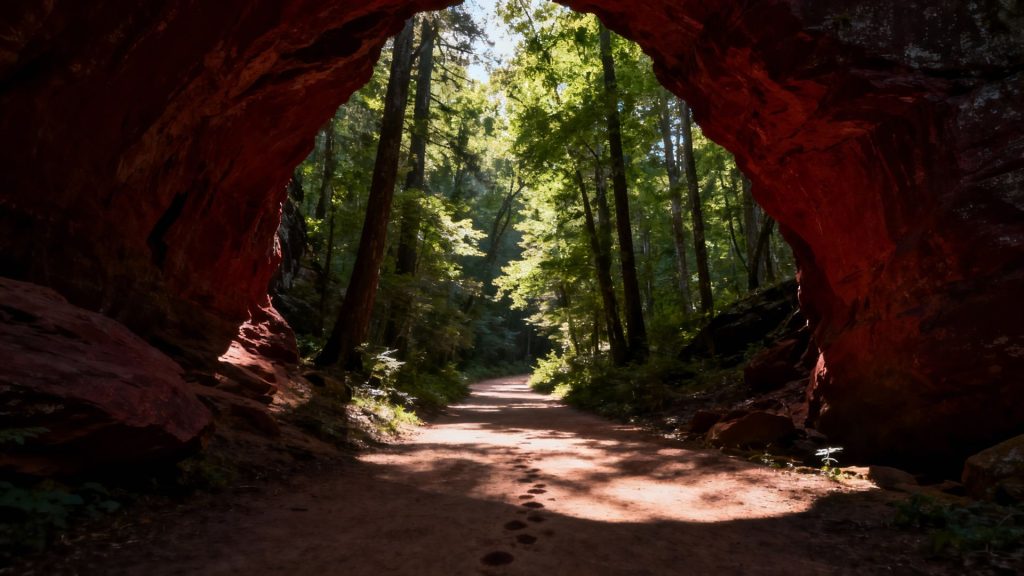 Whispers of Crimson Arches: Where Footsteps Echo Through Timeless Forest Paths